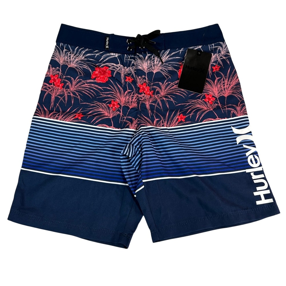 Hurley Boys Midnight Navy Floral Striped Board Shorts Size 10 25W 986773-U90 New